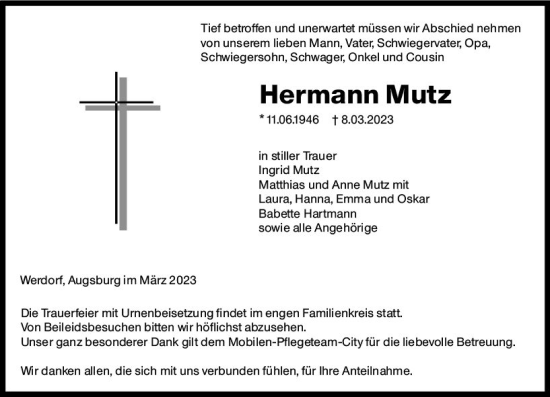 Traueranzeige von Hermann Mutz von Wetzlarer Neue Zeitung