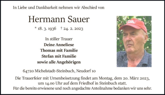 Traueranzeige von Hermann Sauer von Odenwälder Echo