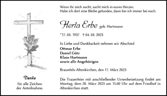 Traueranzeige von Herta Erbe von Wetzlarer Neue Zeitung