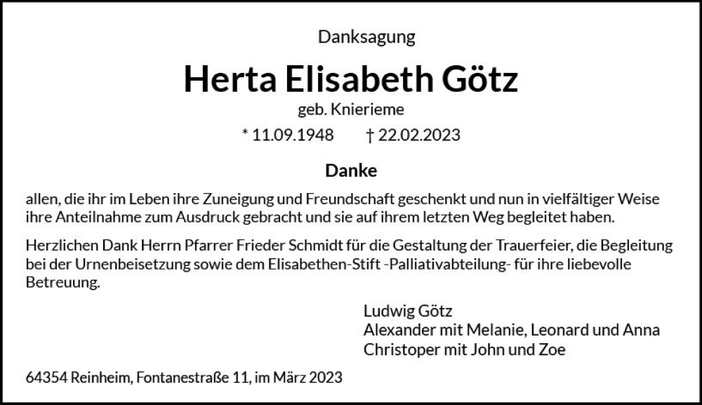  Traueranzeige für Herta Elisabeth Götz vom 01.04.2023 aus Darmstädter Echo