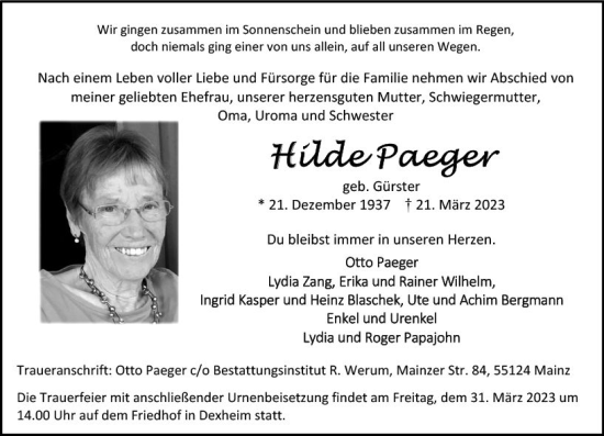 Traueranzeige von Hilde Paeger von Allgemeine Zeitung Mainz