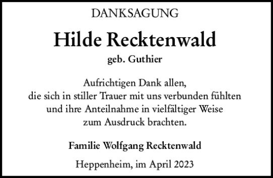 Traueranzeige von Hilde Recktenwald von Starkenburger Echo