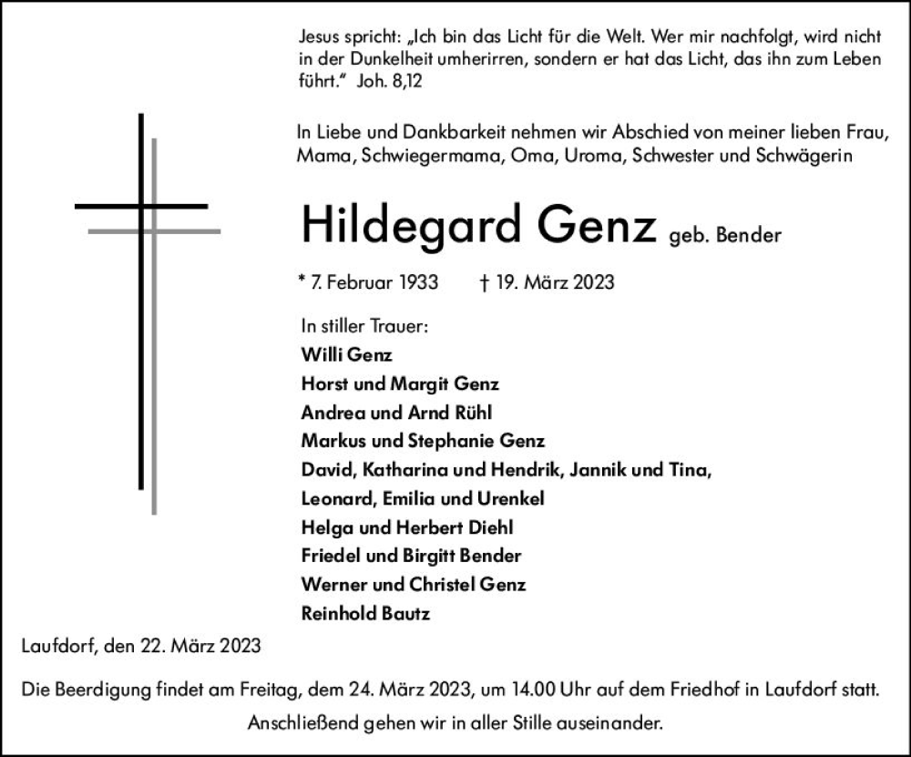  Traueranzeige für Hildegard Genz vom 22.03.2023 aus Wetzlarer Neue Zeitung