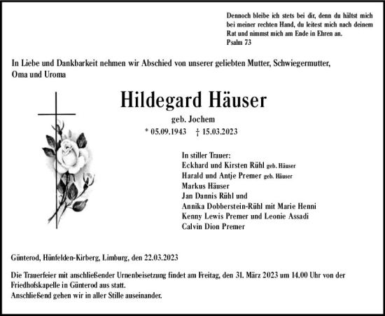 Traueranzeige von Hildegard Häuser von Hinterländer Anzeiger