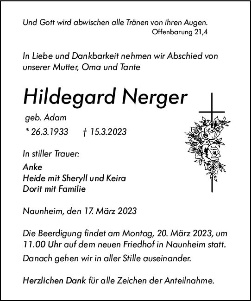  Traueranzeige für Hildegard Nerger vom 17.03.2023 aus Wetzlarer Neue Zeitung
