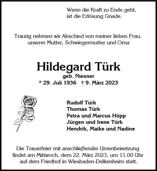 Traueranzeige von Hildegard Türk von Wiesbadener Kurier