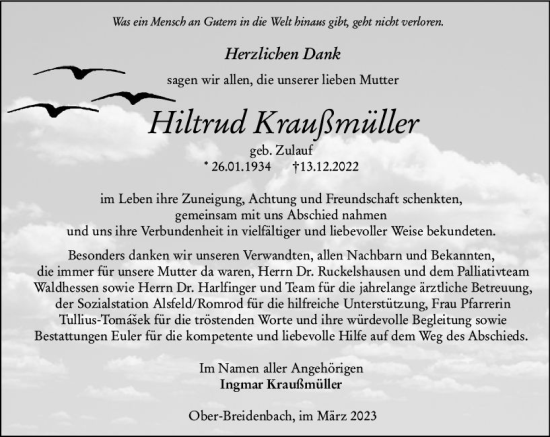 Traueranzeige von Hiltrud Kraußmüller von VRM Trauer