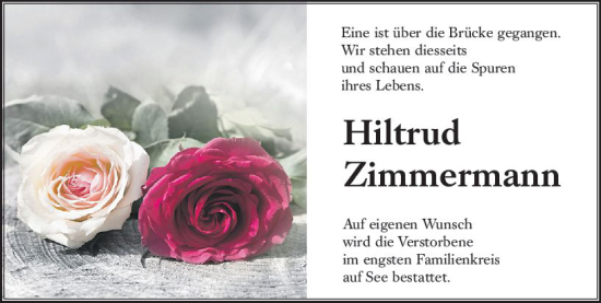 Traueranzeige von Hiltrud Zimmermann von VRM Trauer