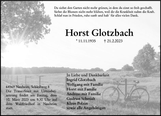 Traueranzeige von Horst Glotzbach von Rüsselsheimer Echo