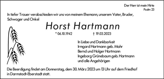 Traueranzeige von Horst Hartmann von Darmstädter Echo