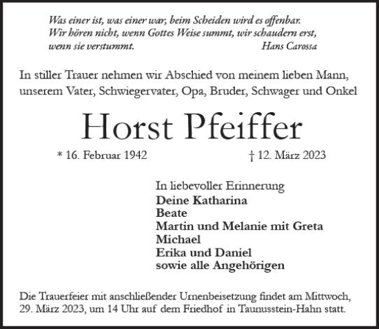 Traueranzeige von Horst Pfeiffer von Wiesbadener Kurier