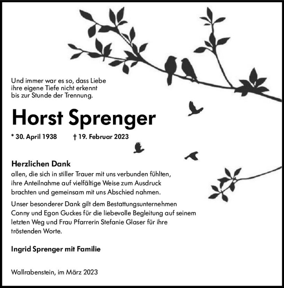  Traueranzeige für Horst Sprenger vom 18.03.2023 aus Idsteiner Land/Untertaunus