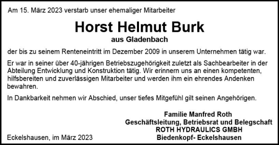 Traueranzeige von Horst Helmut Burk von Hinterländer Anzeiger