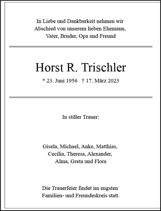 Traueranzeige von Horst R. Trischler von Wiesbadener Kurier