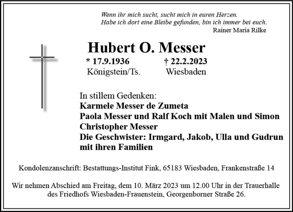  Traueranzeige für Hubert O. Messer vom 04.03.2023 aus Wiesbadener Kurier