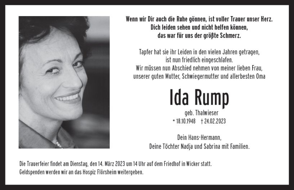  Traueranzeige für Ida Rump vom 03.03.2023 aus Hochheimer Zeitung