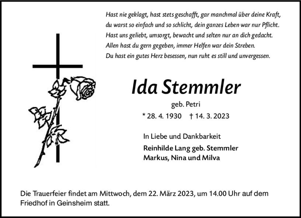  Traueranzeige für Ida Stemmler vom 20.03.2023 aus Groß-Gerauer Echo