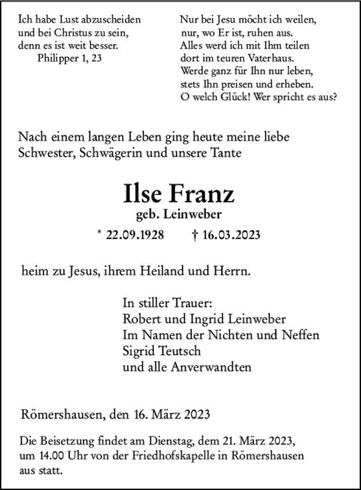  Traueranzeige für Ilse Franz vom 18.03.2023 aus Hinterländer Anzeiger