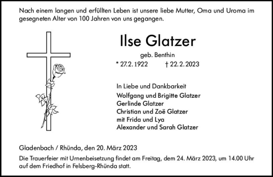 Traueranzeige von Ilse Glatzer von Hinterländer Anzeiger