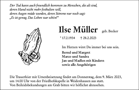 Traueranzeige von Ilse Müller von Hinterländer Anzeiger