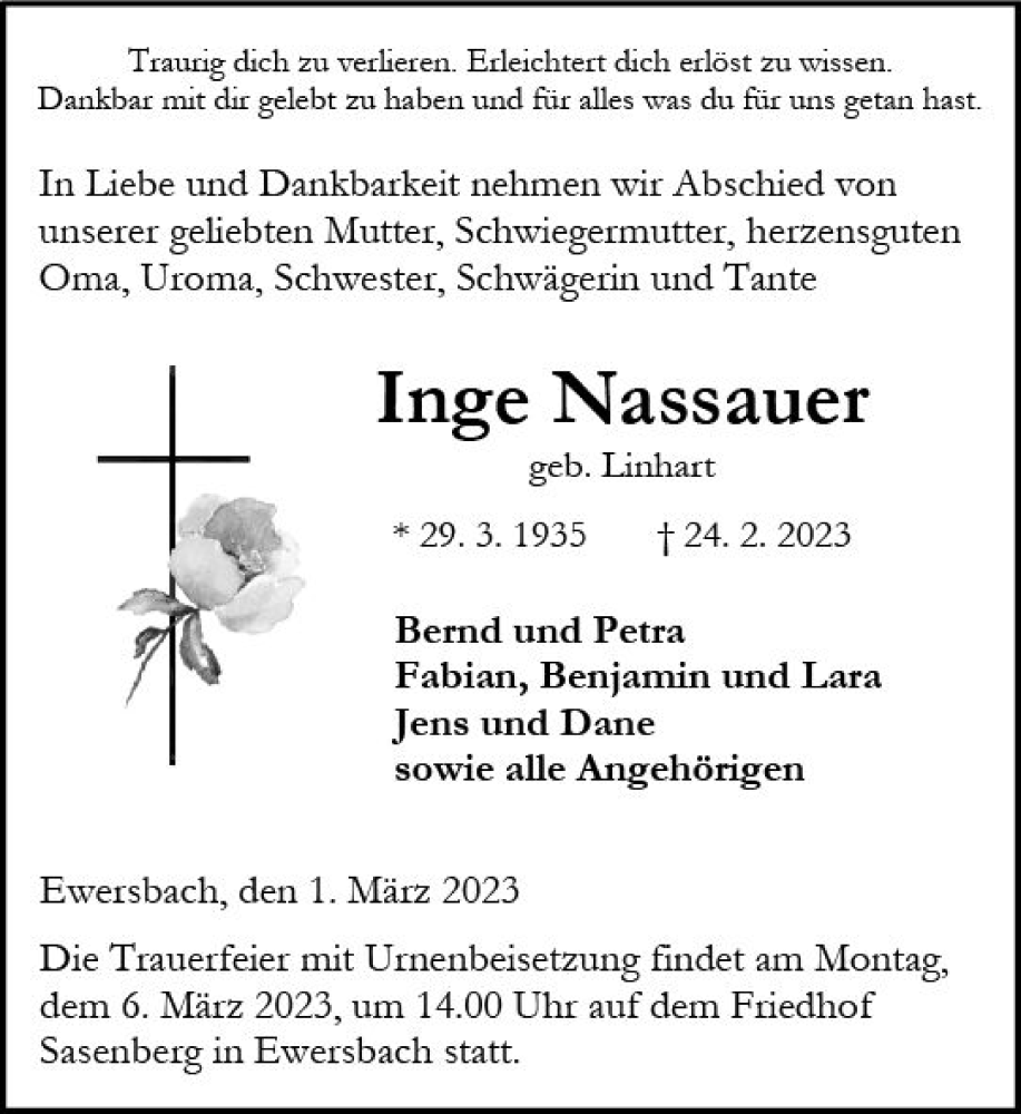  Traueranzeige für Inge Nassauer vom 01.03.2023 aus Dill Block