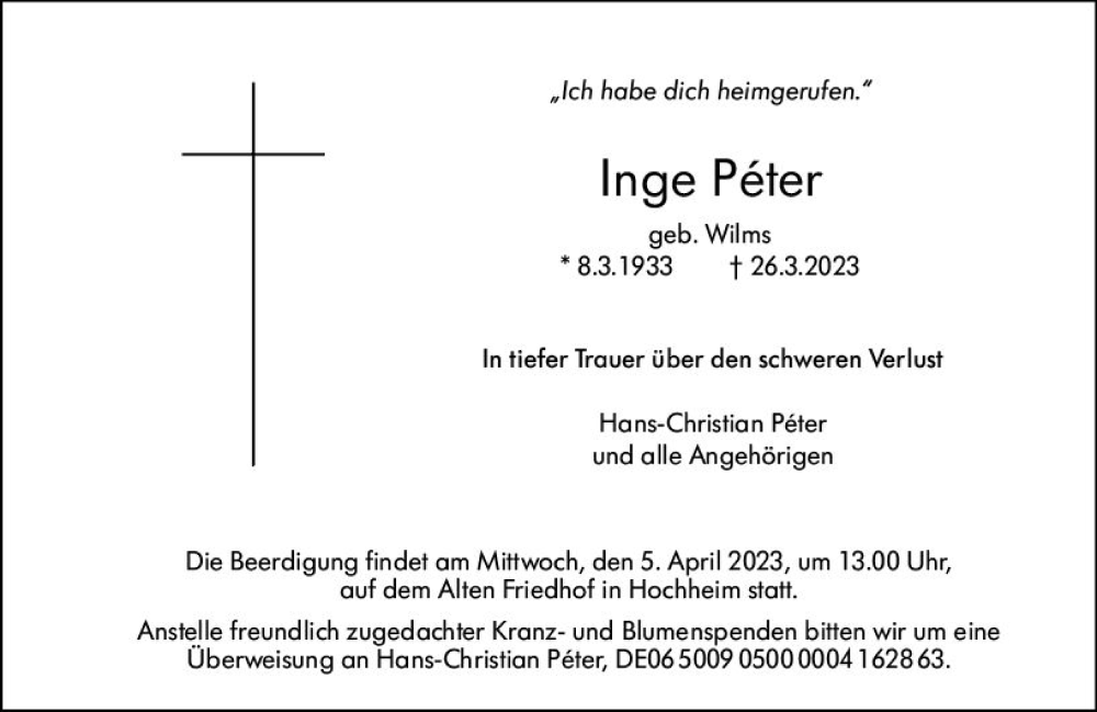  Traueranzeige für Inge Peter vom 01.04.2023 aus Wiesbadener Kurier