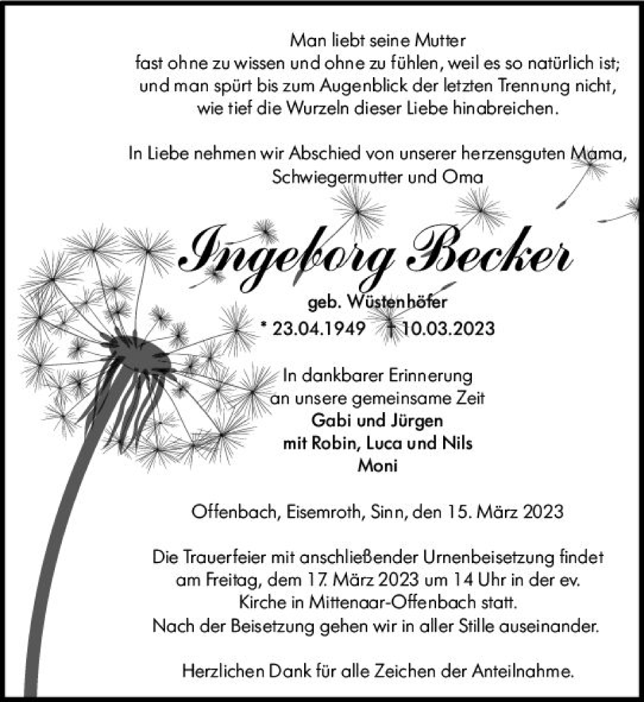  Traueranzeige für Ingeborg Becker vom 15.03.2023 aus Dill Block