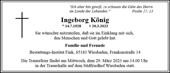 Traueranzeige von Ingeborg König von Wiesbadener Kurier