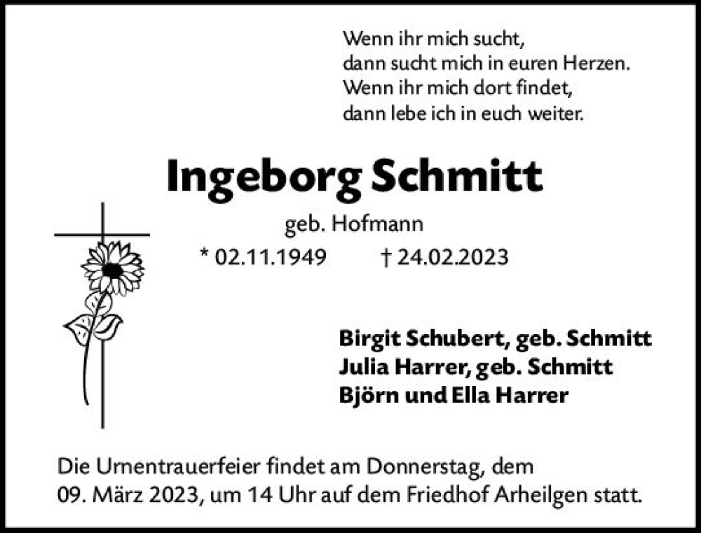  Traueranzeige für Ingeborg Schmitt vom 04.03.2023 aus Darmstädter Echo