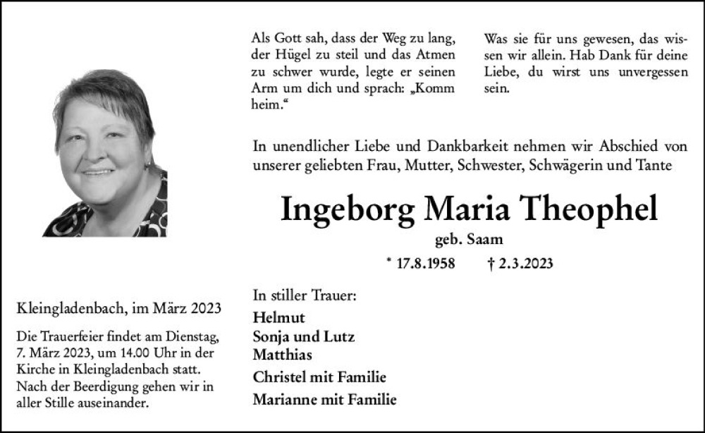  Traueranzeige für Ingeborg Maria Theophel vom 04.03.2023 aus Hinterländer Anzeiger