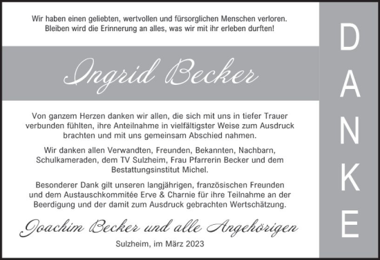 Traueranzeige von Ingrid Becker von Allgemeine Zeitung Alzey