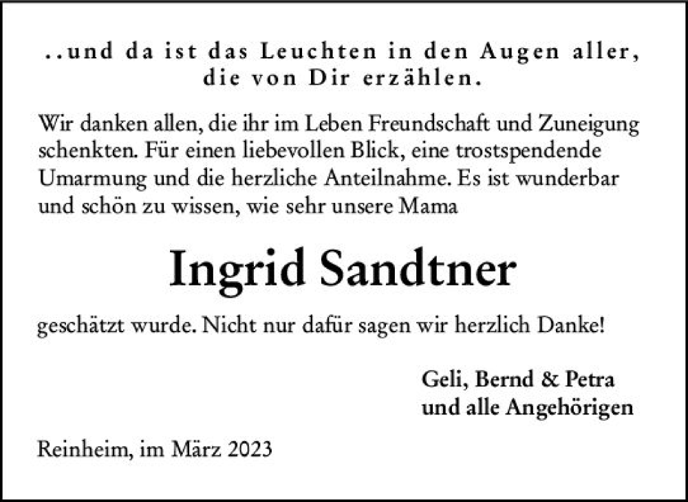  Traueranzeige für Ingrid Sandtner vom 11.03.2023 aus Darmstädter Echo