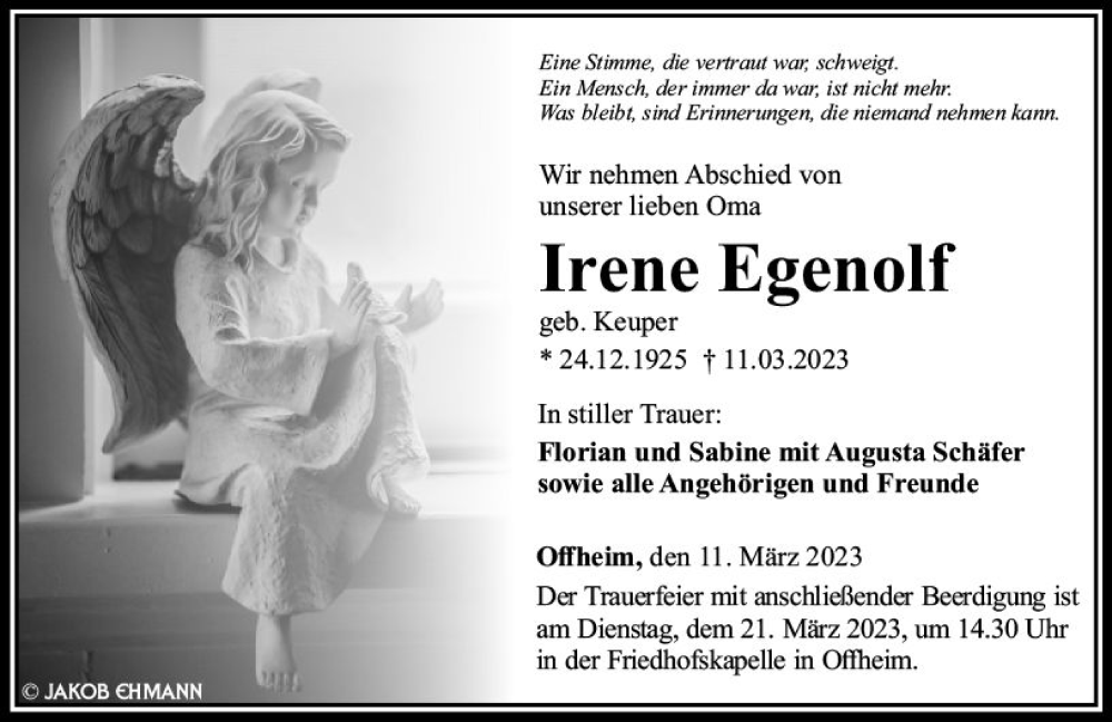  Traueranzeige für Irene Egenolf vom 18.03.2023 aus Nassauische Neue Presse