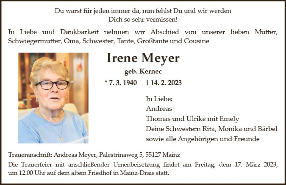  Traueranzeige für Irene Meyer vom 11.03.2023 aus Allgemeine Zeitung Bingen/Ingelheim