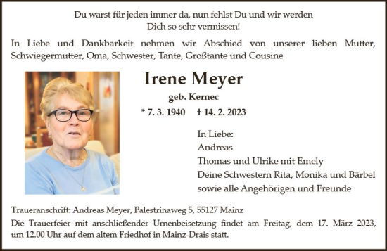 Traueranzeige von Irene Meyer von Allgemeine Zeitung Bingen/Ingelheim