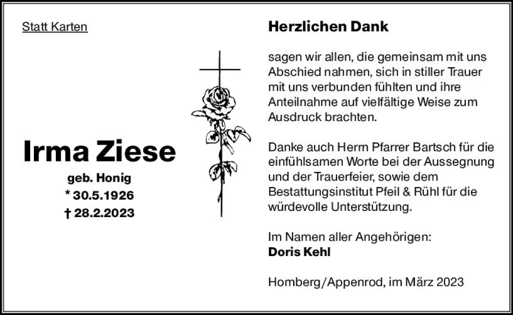 Traueranzeige für Irma Ziese vom 01.04.2023 aus VRM Trauer