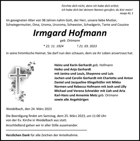 Traueranzeige von Irmgard Hofmann von Dill Block