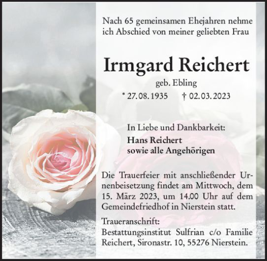 Traueranzeige von Irmgard Reichert von Allgemeine Zeitung Mainz