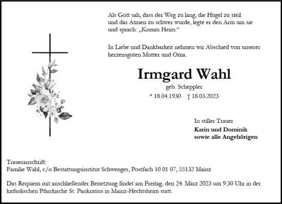 Traueranzeige von Irmgard Wahl von Allgemeine Zeitung Mainz