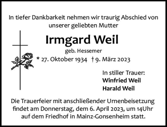Traueranzeige von Irmgard Weil von Allgemeine Zeitung Mainz