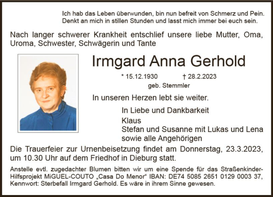 Traueranzeige von Irmgard Anna Gerhold von Dieburger Anzeiger/Groß-Zimmerner Lokal-Anzeiger