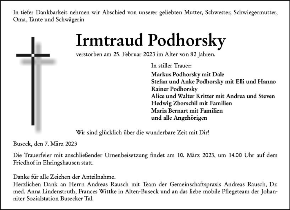  Traueranzeige für Irmtraud Podhorsky vom 07.03.2023 aus Wetzlarer Neue Zeitung