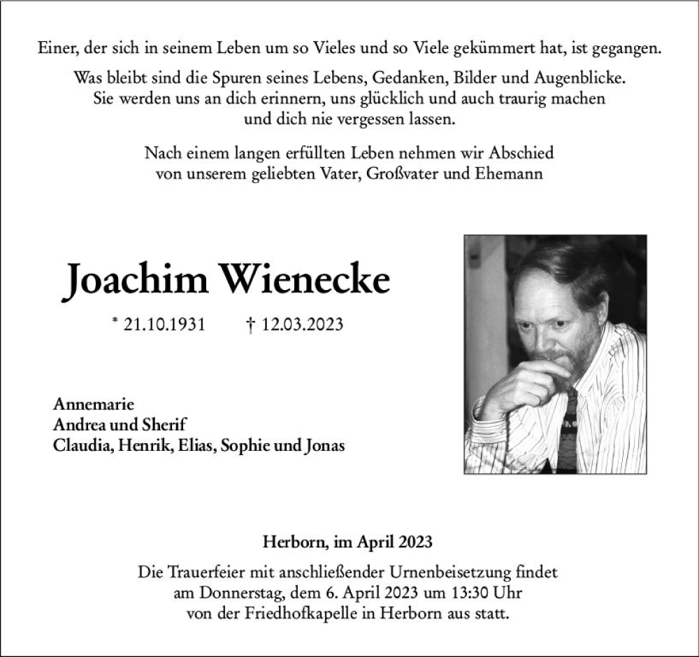  Traueranzeige für Joachim Wienecke vom 01.04.2023 aus Dill Block