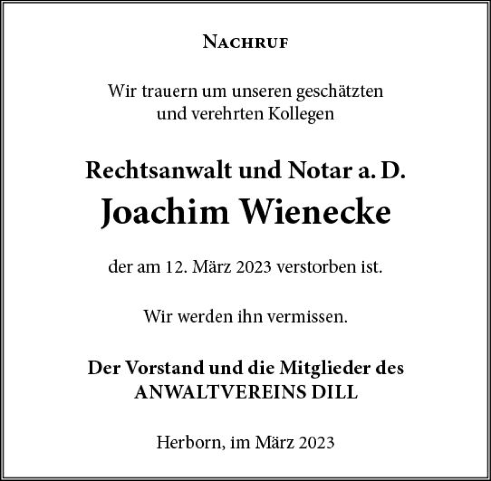  Traueranzeige für Joachim Wienecke vom 18.03.2023 aus Dill Block