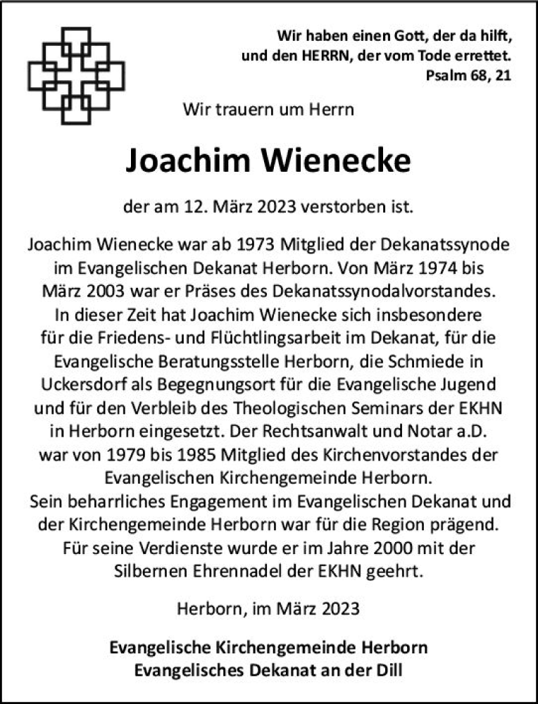  Traueranzeige für Joachim Wienecke vom 01.04.2023 aus Dill Block