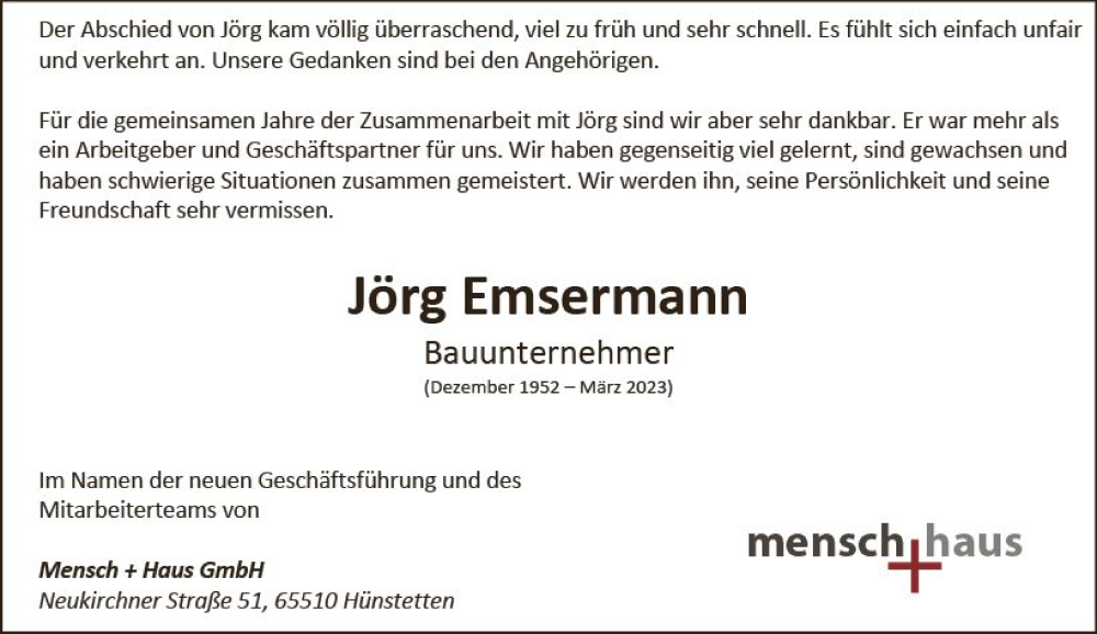  Traueranzeige für Jörg Emsermann vom 25.03.2023 aus Wiesbadener Kurier