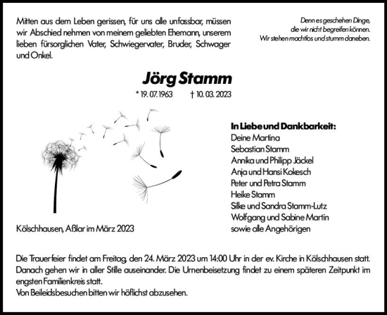 Traueranzeige von Jörg Stamm von Wetzlarer Neue Zeitung