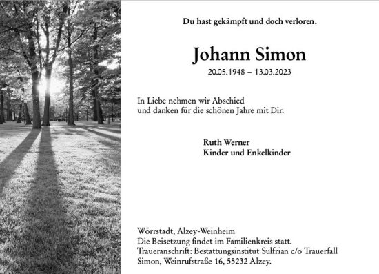 Traueranzeige von Johann Simon von Allgemeine Zeitung Alzey