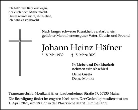 Traueranzeige von Johann Heinz Häfner von Allgemeine Zeitung Mainz