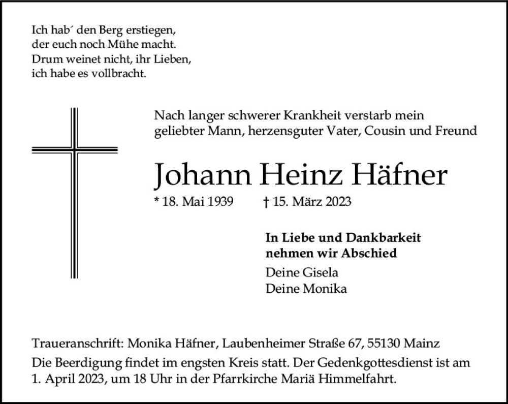  Traueranzeige für Johann Heinz Häfner vom 25.03.2023 aus Allgemeine Zeitung Mainz